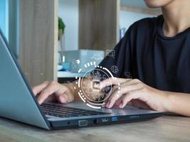 Businessman pressing on digital technology window AI software development concept database management through the internet photo