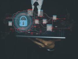 Cyber security concept Technological protection of personal information Data theft protection The padlock protects the business with a virtual network connection. photo