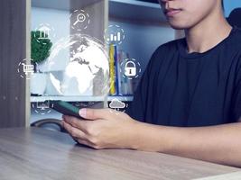 man using smartphone connect global internet technology investment, marketing photo