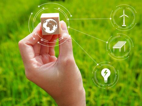 Technological ecology concept. network connection on natural background green technology Using technology to work with nature to restore nature. photo