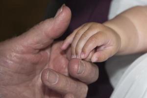 old retired man hands holding newborn infant one photo