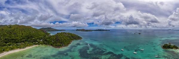 praslin island seychelles paradise beach aerial drone panorama landscape anse volbert photo