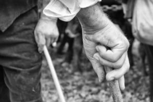 old farmer hand holding a stick in black and white photo