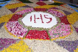 alfombra de pétalos y flores para la celebración del corpus domini christi foto