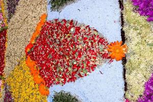 alfombra de pétalos y flores para la celebración del corpus domini christi foto