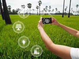 hand of a girl holding a smartphone show connection Concept connecting modern business and technology in access and CO2 emissions. Green business concept using renewable energy. There is light inside photo