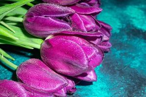 Bouquet of tulips for the holiday. Women's day, Valentine's day, name day. On a dark background with reflection. photo