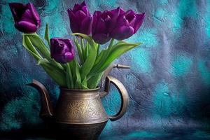 Bouquet of tulips for the holiday. Women's day, Valentine's day, name day. On a dark background with reflection. photo