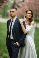 newlyweds walk in the park among cherry blossoms photo