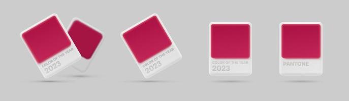 Vector set of volumetric palette of Viva Magenta color of year 2023. Isolated 3D template for label, pink card, swatch with soft shadow