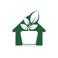 Flower pot and plant logo. Growth vector logo. Eco house shaped sign.