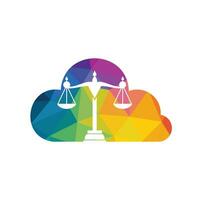 nube y diseño del logo de la escala de la justicia. bufete de abogados, abogado o símbolo de la oficina de abogados. vector