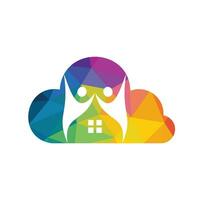 diseño del logotipo del hogar de la comunidad en la nube. icono de vector de casa y personas de nube.