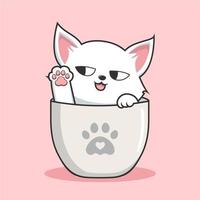 Cat in Mug Illustration With Sunglasses - Cute White Pussy Cat in Cups Mug vector