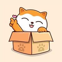 Cat in The Box Cartoon - Cute White Orange Pussy Cat with Love Hand vector