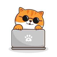 Tabby Cat Playing Laptop - White Orange Cats - Striped Cat Cool Circle Glasses vector