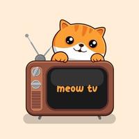 Tabby Cat with TV Vintage - Cute Striped Orange Cat Above Old Television Vector