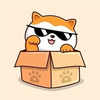 gato en el caja dibujos animados - linda blanco naranja coño gato con Gafas de sol vector