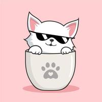 Cat in Mug Illustration With Sunglasses - Cute White Pussy Cat in Cups Mug vector