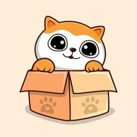 Cat in The Box Cartoon - Cute White Orange Pussy Cat Kawaii Hide in Carton Box vector