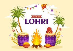 Happy Lohri Festival of Punjab India Illustration with Playing Dance and Celebration Bonfire in Flat Cartoon Hand Drawn for Landing Page Templates vector