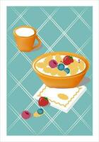 breakfast cereal with fruits and milk vector