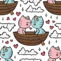 CAT KISS IN BOAT Cartoon Seamless Pattern Vector Illustration