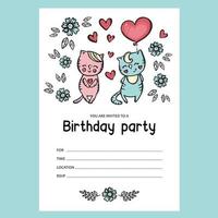 cumpleaños fiesta invitación gatos texto bandera dibujos animados vector bosquejo
