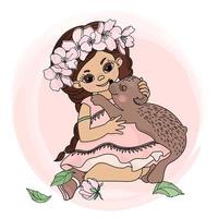 oso niña floral sakura guirnalda animal vector ilustración conjunto