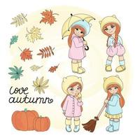 AUTUMN GIRLS Fall Cartoon Children Season Weather Vector Illustration Set For Print