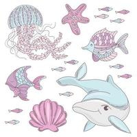 AQUA WORLD Underwater Sea Ocean Animal Cartoon Vector Set