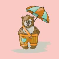 BEAR UMBRELLA Cartoon Animal Hand Drawn Vector Illustration