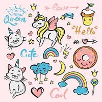 CUTE DOODLE SET CARTOON ANIMALS Hand Drawn Sketch Phrases vector