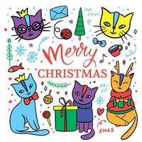 CUTE CAT MERRY CHRISTMAS Children Sketch Vector Illustration Set