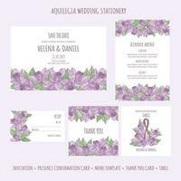 AQUILEGIA WEDDING STATIONERY Template Vector Illustration Set