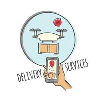 DRONE DELIVER Goods Smartphone One Click Services Vector