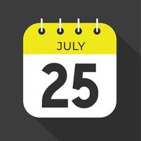 julio día 25 número Veinticinco en un blanco papel con amarillo color frontera en un negro antecedentes vector. vector