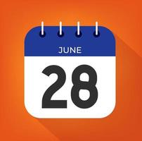 June day 28. Number twenty-eight on a white paper with blue color border on a orange background vector. vector