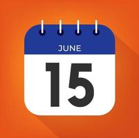 June day 15. Number fifteen on a white paper with blue color border on a orange background vector. vector