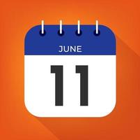 June day 11. Number eleven on a white paper with blue color border on a orange background vector. vector