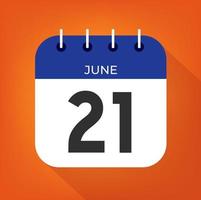 June day 21. Number twenty-one on a white paper with blue color border on a orange background vector. vector