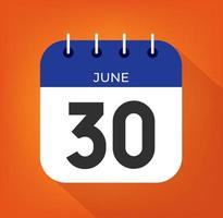 June day 30. Number thirty on a white paper with blue color border on a orange background vector. vector