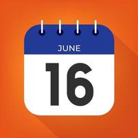 June day 16. Number sixteen on a white paper with blue color border on a orange background vector. vector