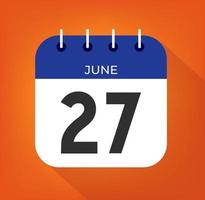 June day 27. Number twenty-seven on a white paper with blue color border on a orange background vector. vector