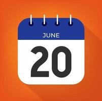 June day 20. Number twenty on a white paper with blue color border on a orange background vector. vector