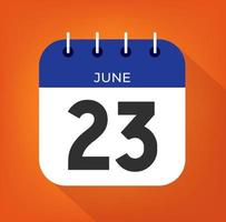 June day 23. Number twenty-three on a white paper with blue color border on a orange background vector. vector