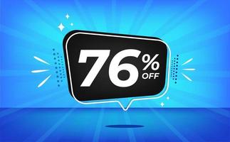 76 percent off. Blue banner with seventy-six percent discount on a black balloon for mega big sales. vector