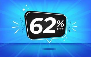 62 percent off. Blue banner with sixty-two percent discount on a black balloon for mega big sales. vector