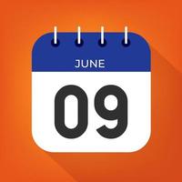 June day 9. Number nine on a white paper with blue color border on a orange background vector. vector