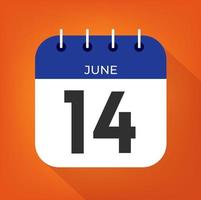 June day 14. Number fourteen on a white paper with blue color border on a orange background vector. vector